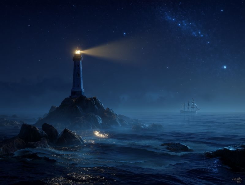 A lighthouse on dark rocks at night, its beam crossing the sea