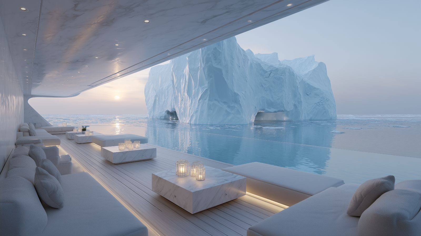 Open lounge deck of a white superyacht facing an iceberg at dusk
