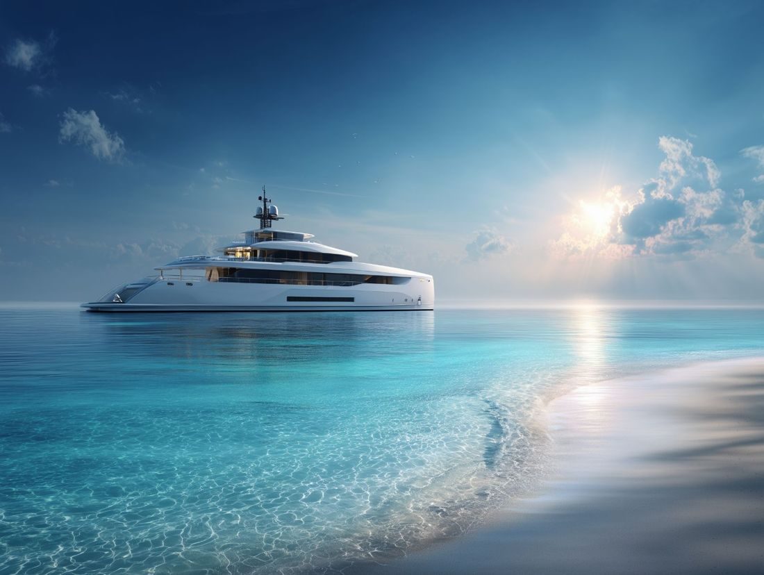 A white superyacht at anchor off a sandbank, in clear turquoise water